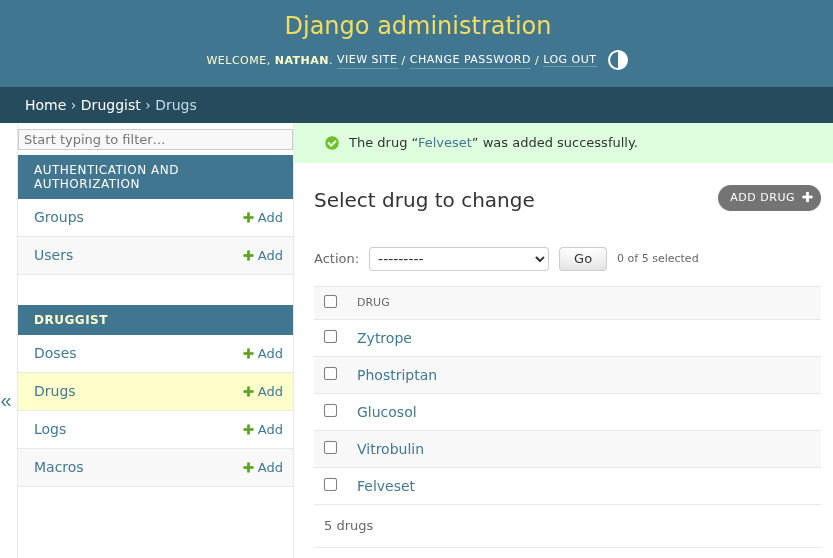 Drug creation through the Django admin interface.
